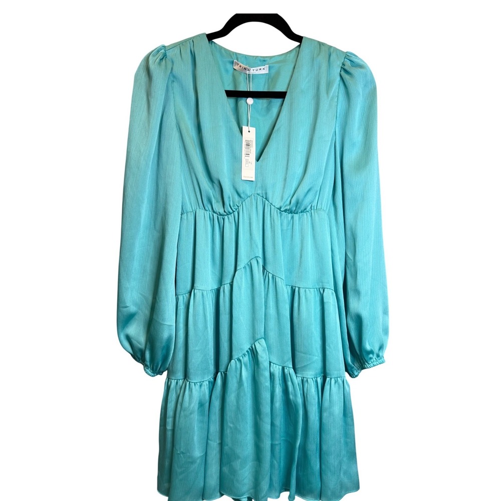 Trina Turk Make Merry Dress Turquoise Blue Tiered Mini V-Neck NWT Size XS